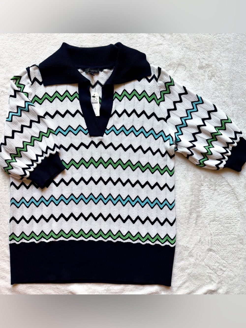 Talbots White Sweater with Navy, Green & Teal Chevron Stripes